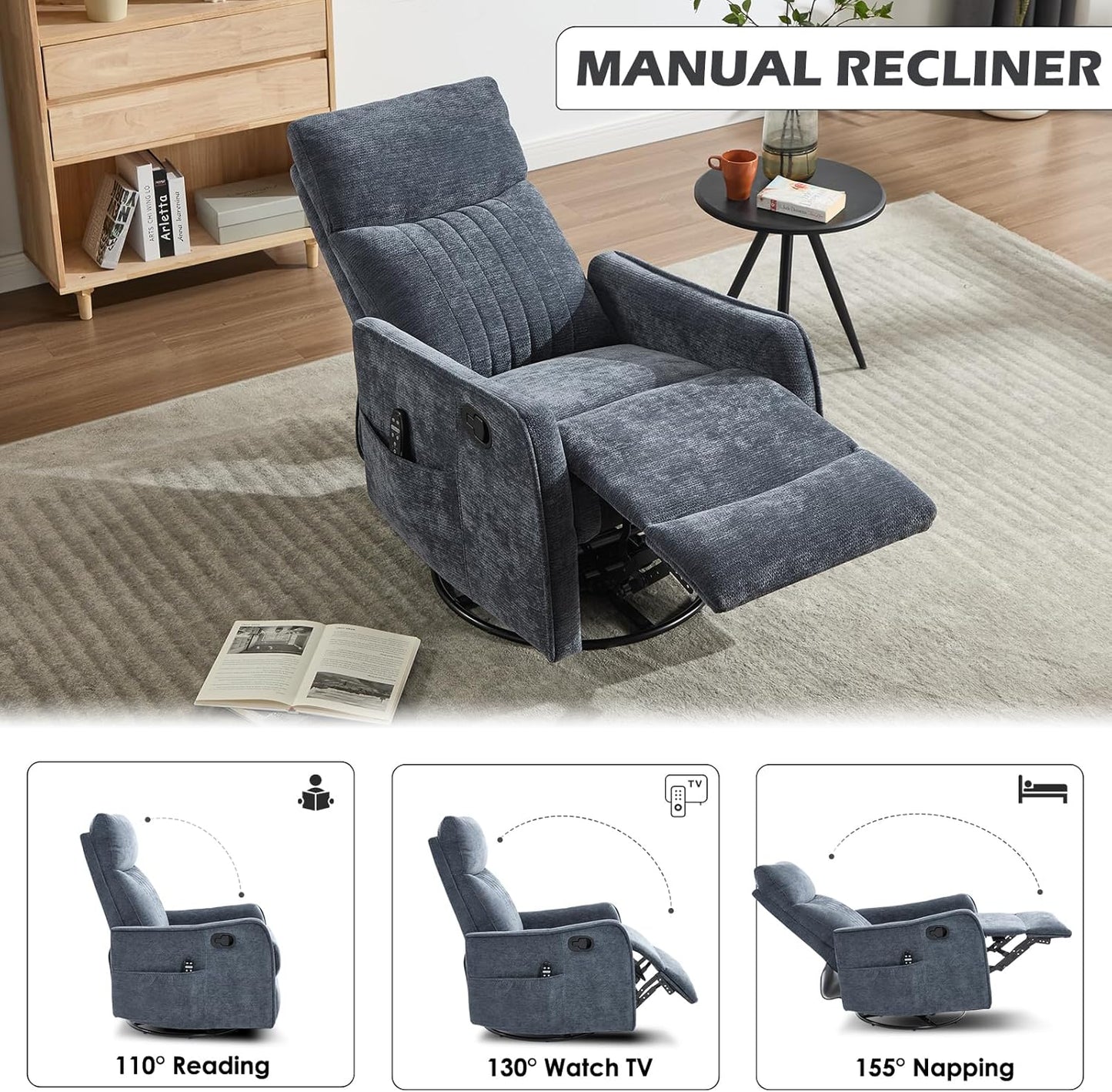 Trustyue Swivel Rocker Recliner Chair, 360° Swivel Recliner with Heat and Massage, Rocker Recliner Nursery Glider Chair with Side Pockets for Living Room (Beige, Fabric)