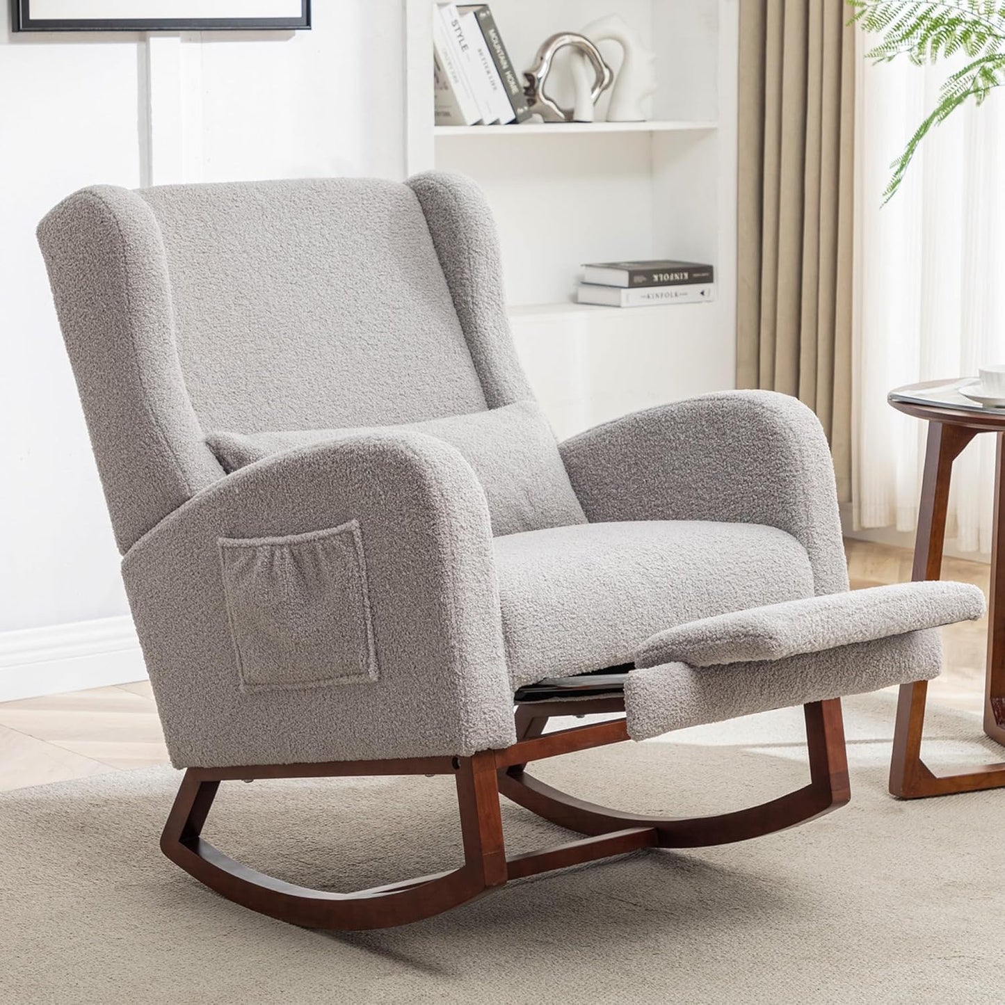 HCHAIRH Rocking Chair Nursery, Nursery Rocking Chairs with Foot Rest, Comfy Fabric Glider Rocker Nursing Chair with High Back for Nursing, Living Room, Bedroom, Beige