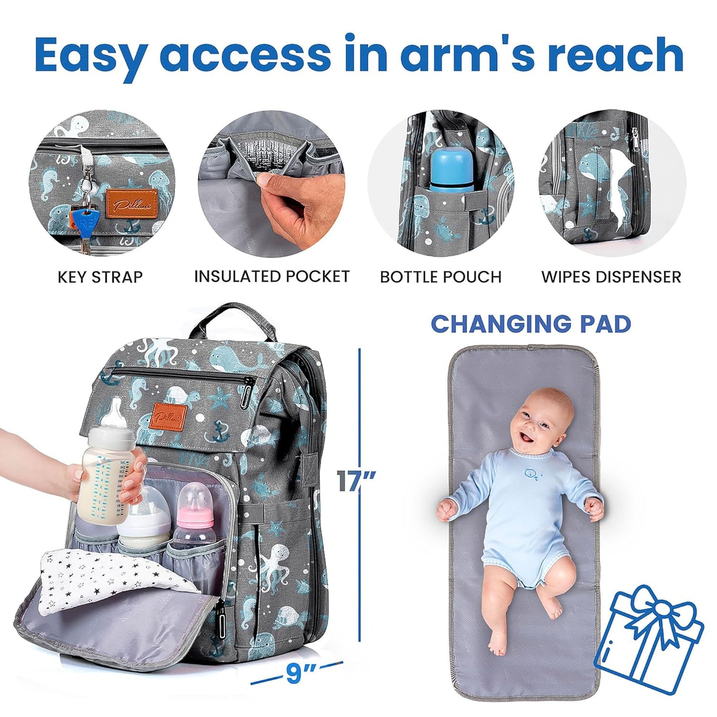 PILLANI Baby Diaper Bag Backpack - Large Waterproof Travel Diaper Bag for Boys & Girls, 16 Organizer Pockets with Changing Pad, Insulated Bottle Pockets & Stroller Straps, Baby Shower Gifts, Dinosaur