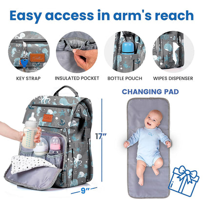 PILLANI Baby Diaper Bag Backpack - Large Waterproof Travel Diaper Bag for Boys & Girls, 16 Organizer Pockets with Changing Pad, Insulated Bottle Pockets & Stroller Straps, Baby Shower Gifts, Dinosaur