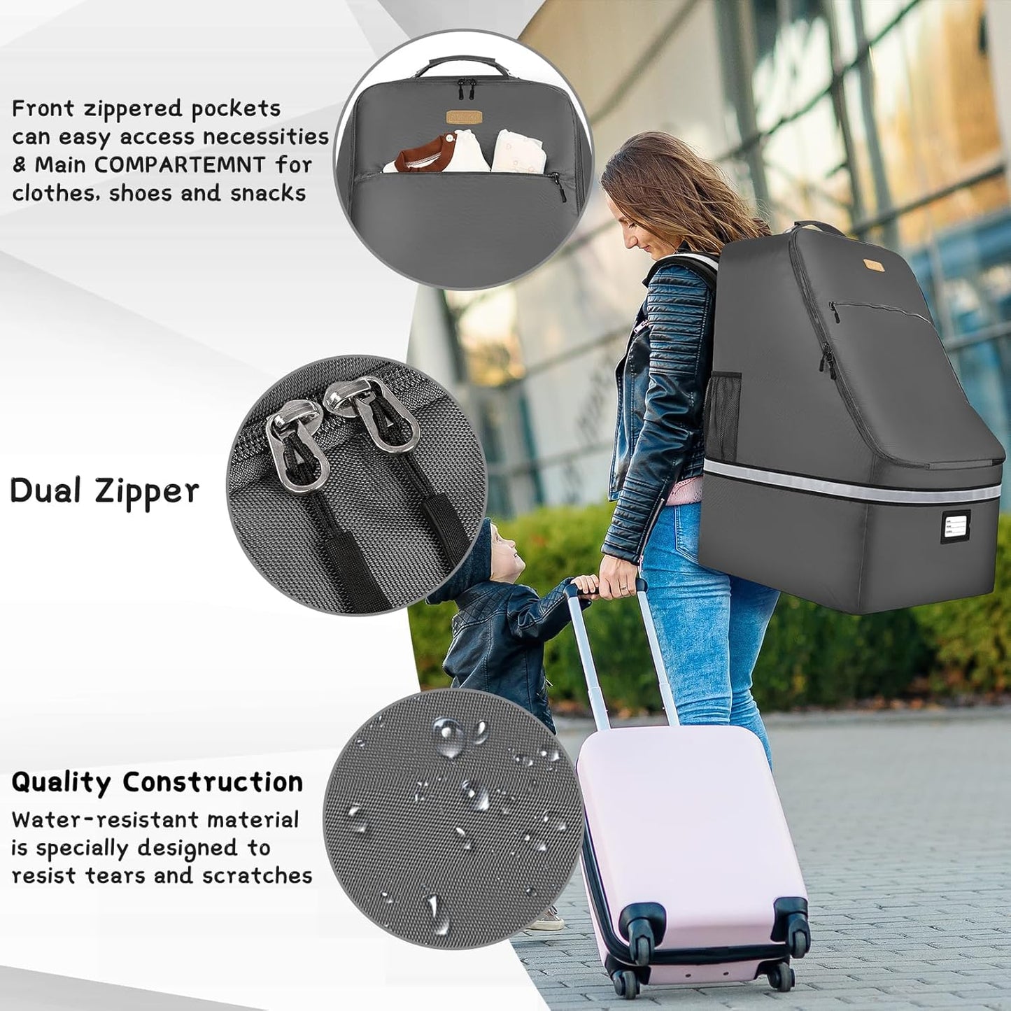 Car Seat Travel Bag,Padded Car Seats Backpack with Steel Cable Handle and Reflective Stripes, Large Durable Carseat Carrier Bag,Airport Gate Check Bag,Infant Seat Travel Bag with Shoulder Strap,Black