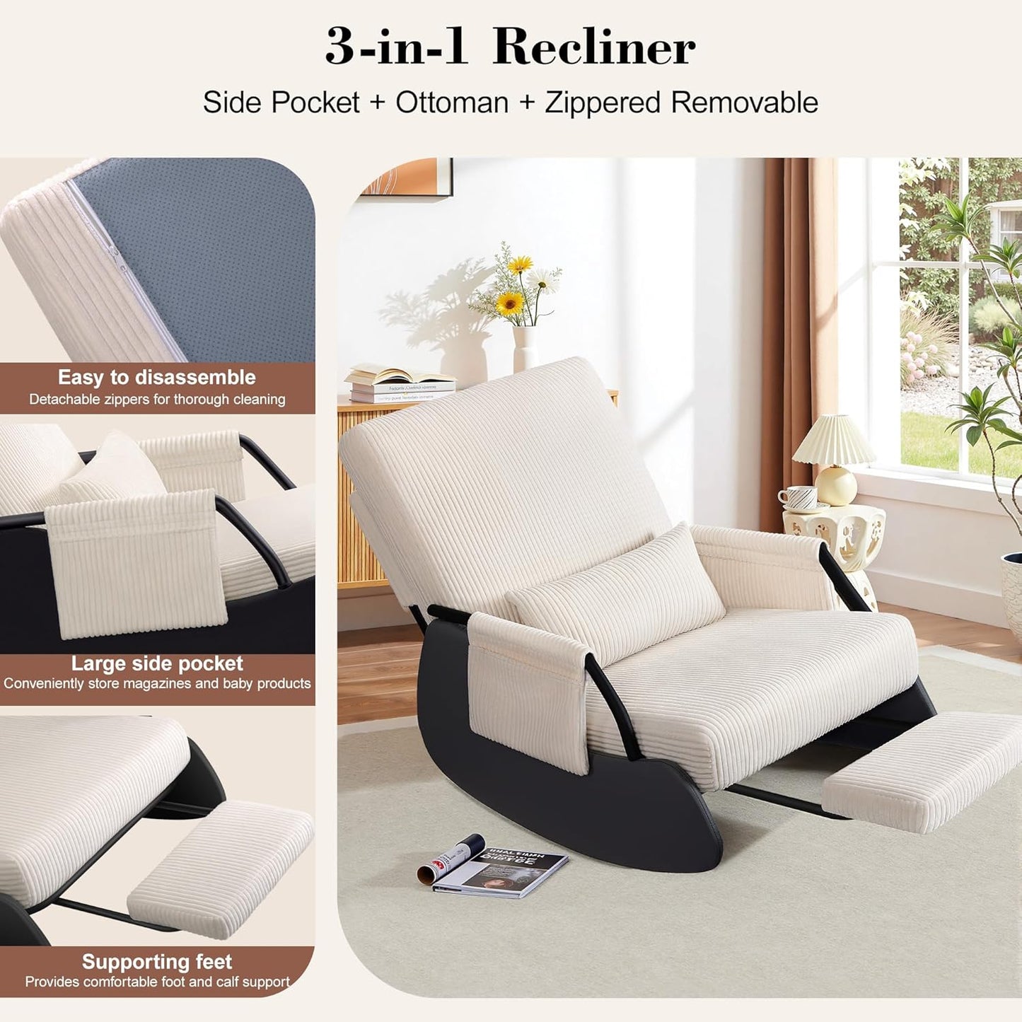 FelixKing Rocking Chair Nursery, Low-Seat Glider Chair, Upholstered Rocking Chair with Side Pocket and Foot Rest, Comfortable Modern Accent Armchair Recliner for Mom Nursery Living Room Bedroom Beige