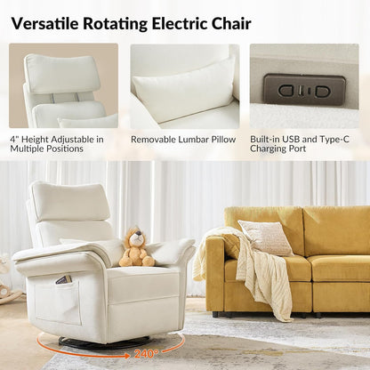 HULALA HOME Nursery Glider Recliner with Adjustable Headrest and Armrests, Power Swivel Rocker Recliner Chair with USB Port and Storage Bags, GREENGARD, FSC, CertiPUR-US® Certified, Beige