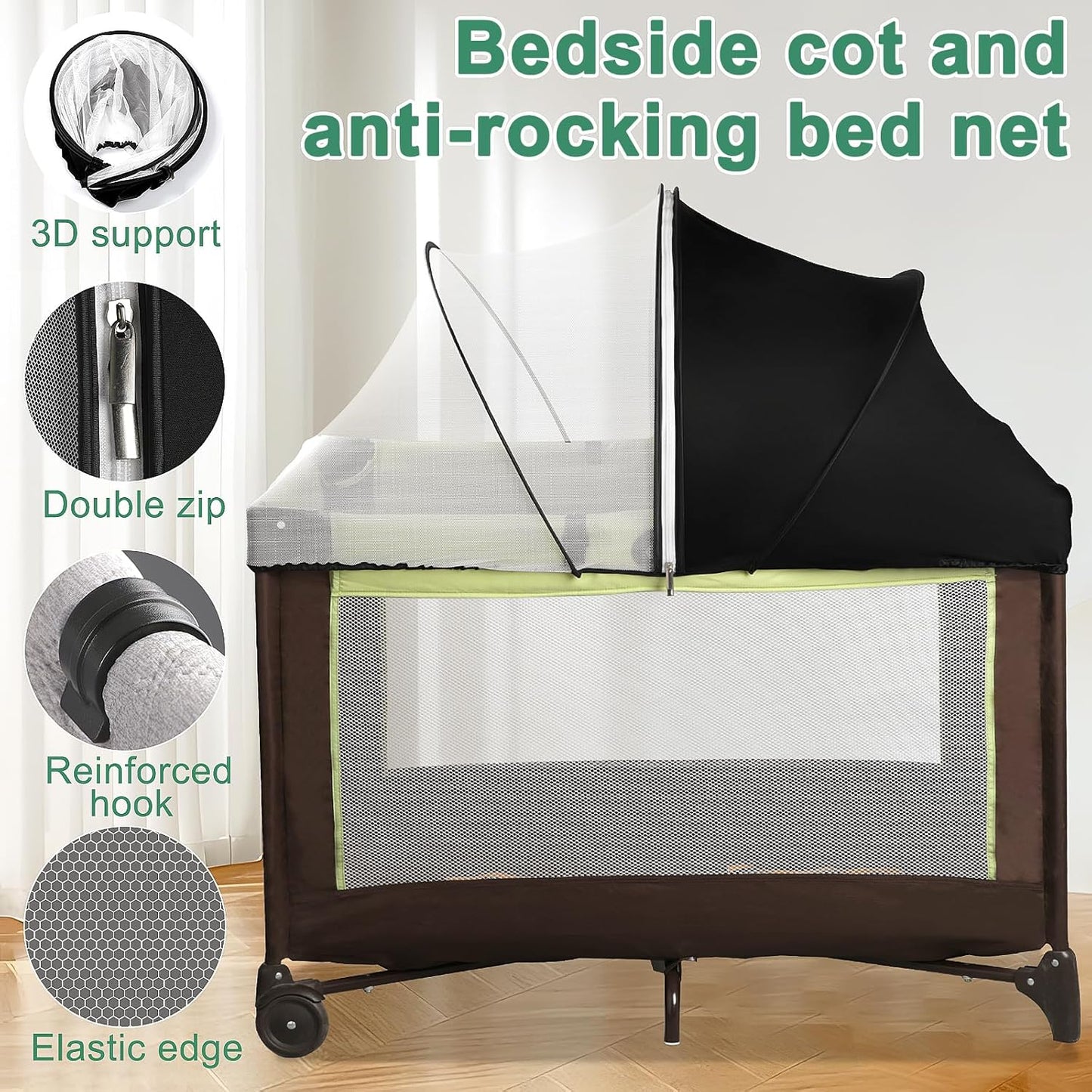 Bassinet Cover for Cats - Blackout Breathable Mosquito Net for Baby Bedside Sleepers & Travel Cribs, 2-Way Zipper Bug Canopy Tent to Block Light & Keep Cats Out (Black-Small)