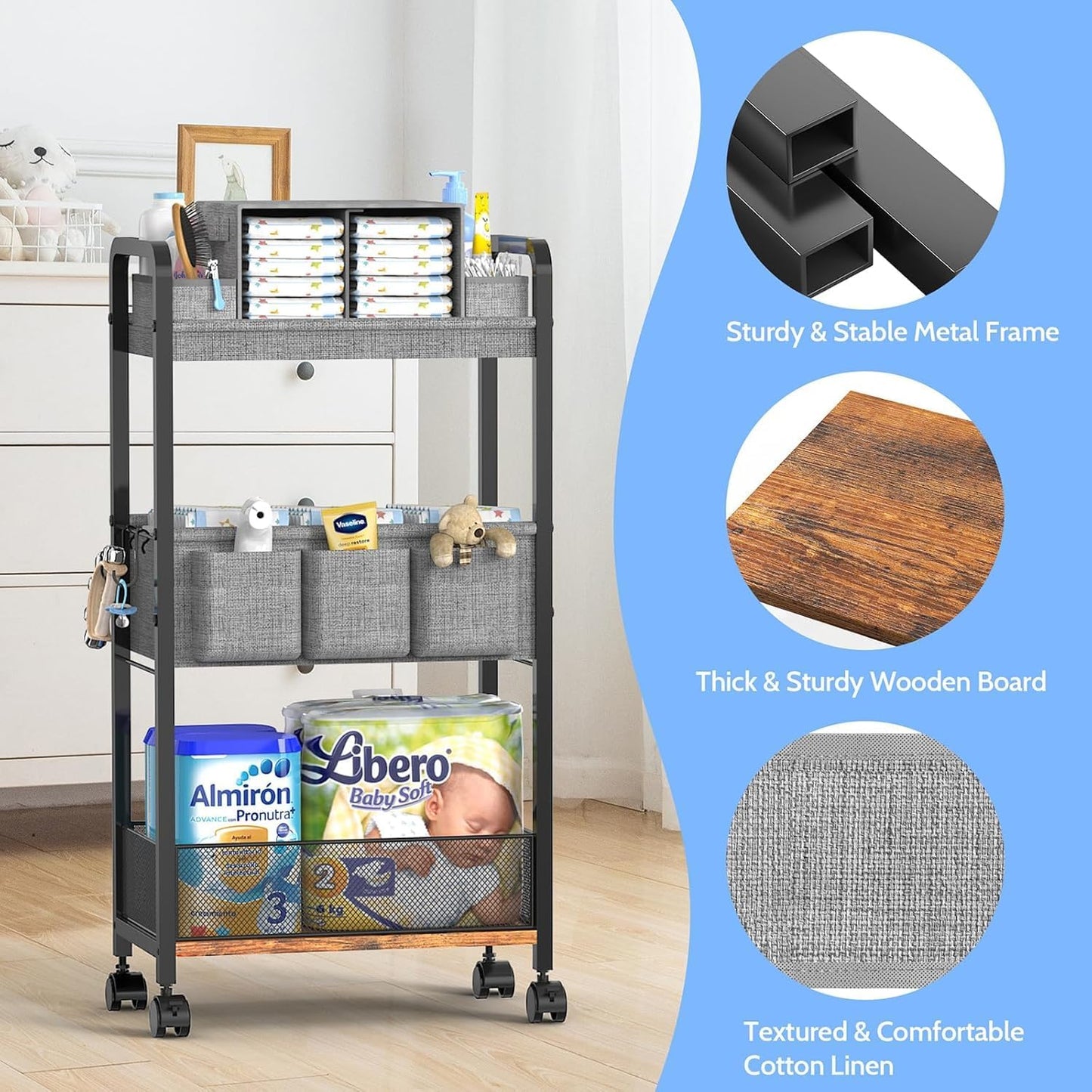 2IN1 Baby Diaper Caddy Organizer & 4-Tier Rolling Cart, Bedside Cart for Baby Essentials Nursery With Drawers, Metal Mobile Diaper Caddy Cart with Wheels, Storage Basket with Dividers for Baby Shower