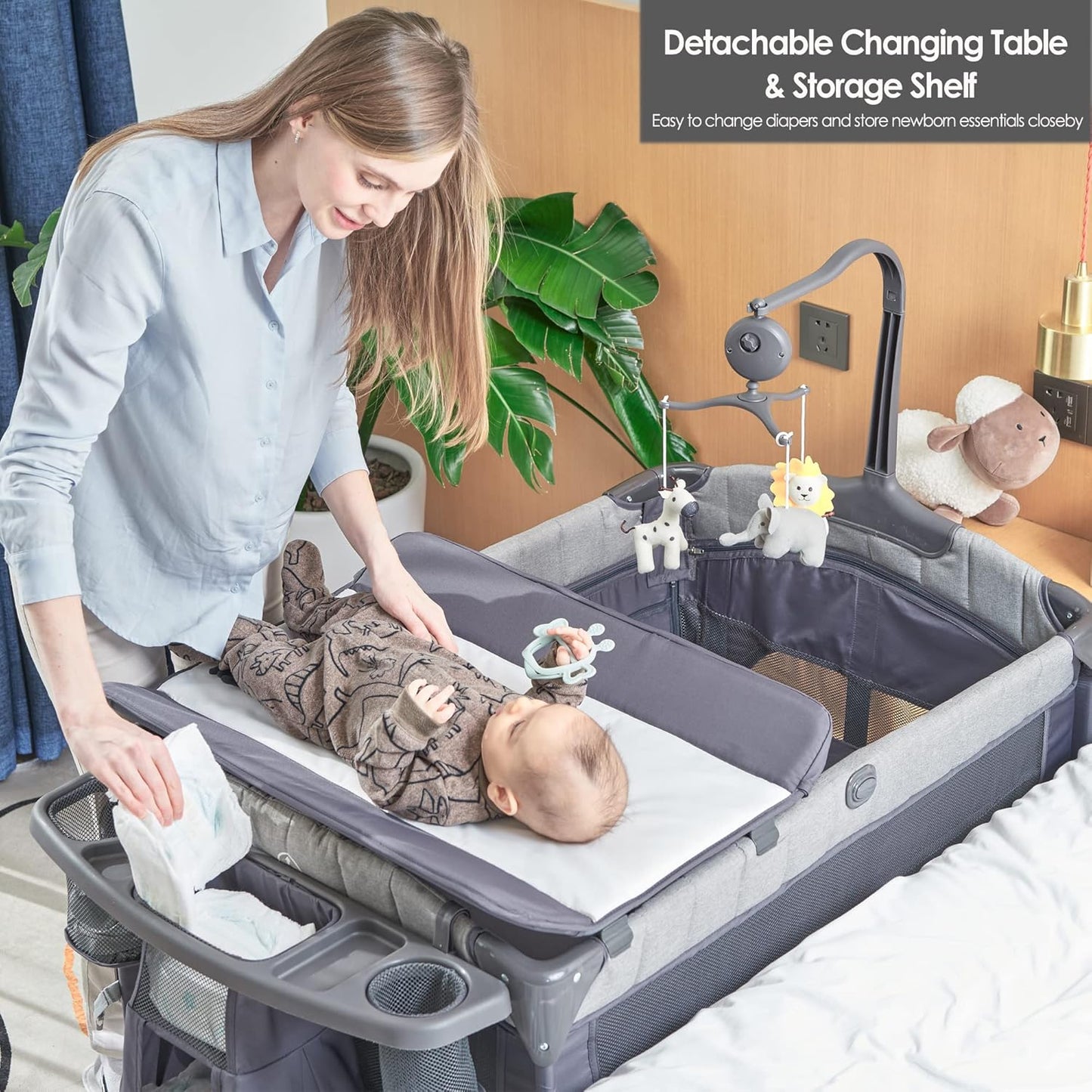 QUTANIX Baby Bedside Bassinet Sleeper,5-in-1 Pack and Play with Full-Size Bassinet,Baby Playard with Changing Table,Storage Shelf,Music Mobile with Soft Toys for Newborn to Toddlers (Grey)