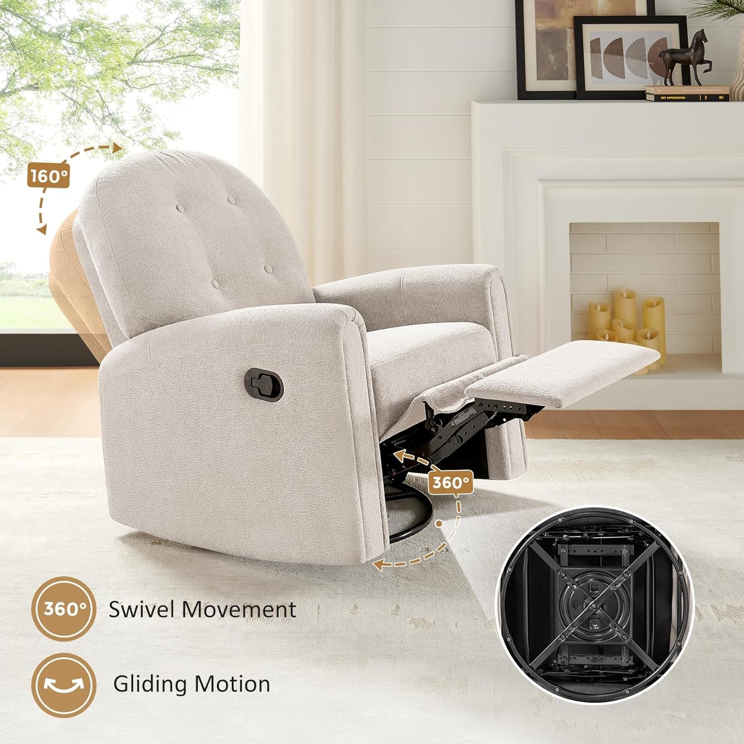 VANOMi 360 Swivel Rocker Recliner Chair, Nursery Rocking Chair with Tufted Backrest, Manual Recliner Chairs for Small Spaces, Upholstered Glider Nursing Chair for Living Room, Bedroom (White)