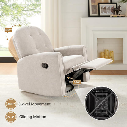 VANOMi 360 Swivel Rocker Recliner Chair, Nursery Rocking Chair with Tufted Backrest, Manual Recliner Chairs for Small Spaces, Upholstered Glider Nursing Chair for Living Room, Bedroom (White)