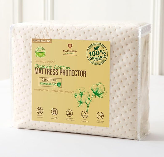 Luxury Waterproof Organic Mattress Protector Cal King Size - Organic Cotton Breathable Mattress Pad Cover - Premium 380 GSM 3D Air Fabric - Deep Pocket - Jersey Cotton Skirt - Fitted Design