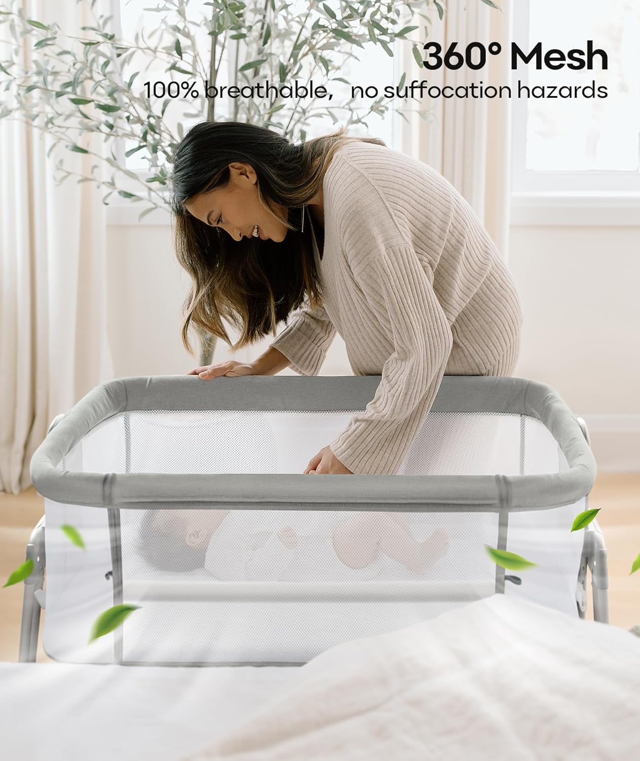 Fodoss Baby Bassinets Bedside Sleeper - 3-in-1 Baby Bassinet with Wheels, Soft Mattress, Storage Tray, Full-Mesh Sides, 7-Height Adjustable Crib for Newborns