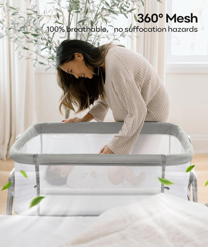 Fodoss Baby Bassinets Bedside Sleeper - 3-in-1 Baby Bassinet with Wheels, Soft Mattress, Storage Tray, Full-Mesh Sides, 7-Height Adjustable Crib for Newborns