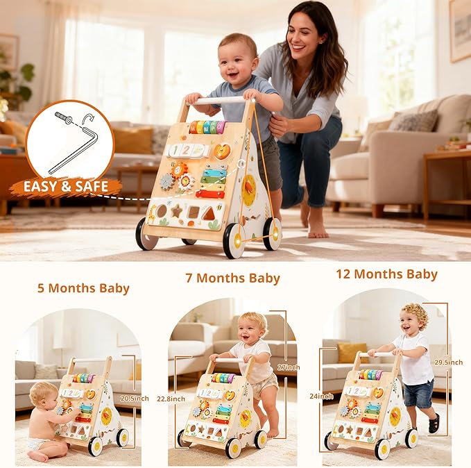Wooden Baby Walker with Wheels, Baby Push Walker Adjustable Speed for Boys and Girls,Montessori Activity Center Walking Toys for 1 Year Old Learning to Walk,First Birthday Gift