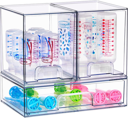 Sorbus Stackable Acrylic Storage Drawers – 2 Small + 2 Tall + 1 Wide – 5 Pack Clear Plastic Organizer Bins for Baby Bottles, Makeup, Bathroom & Vanity, Pull-Out Drawer Design for Kitchen Cabinets