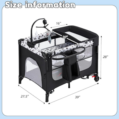 5-in-1 Baby Bassinet Bedside Sleeper with Swing Tube Converts to Cradle, Baby Crib with Mattress, Detachable Diaper Changer, Mosquito Net and Toy - Black