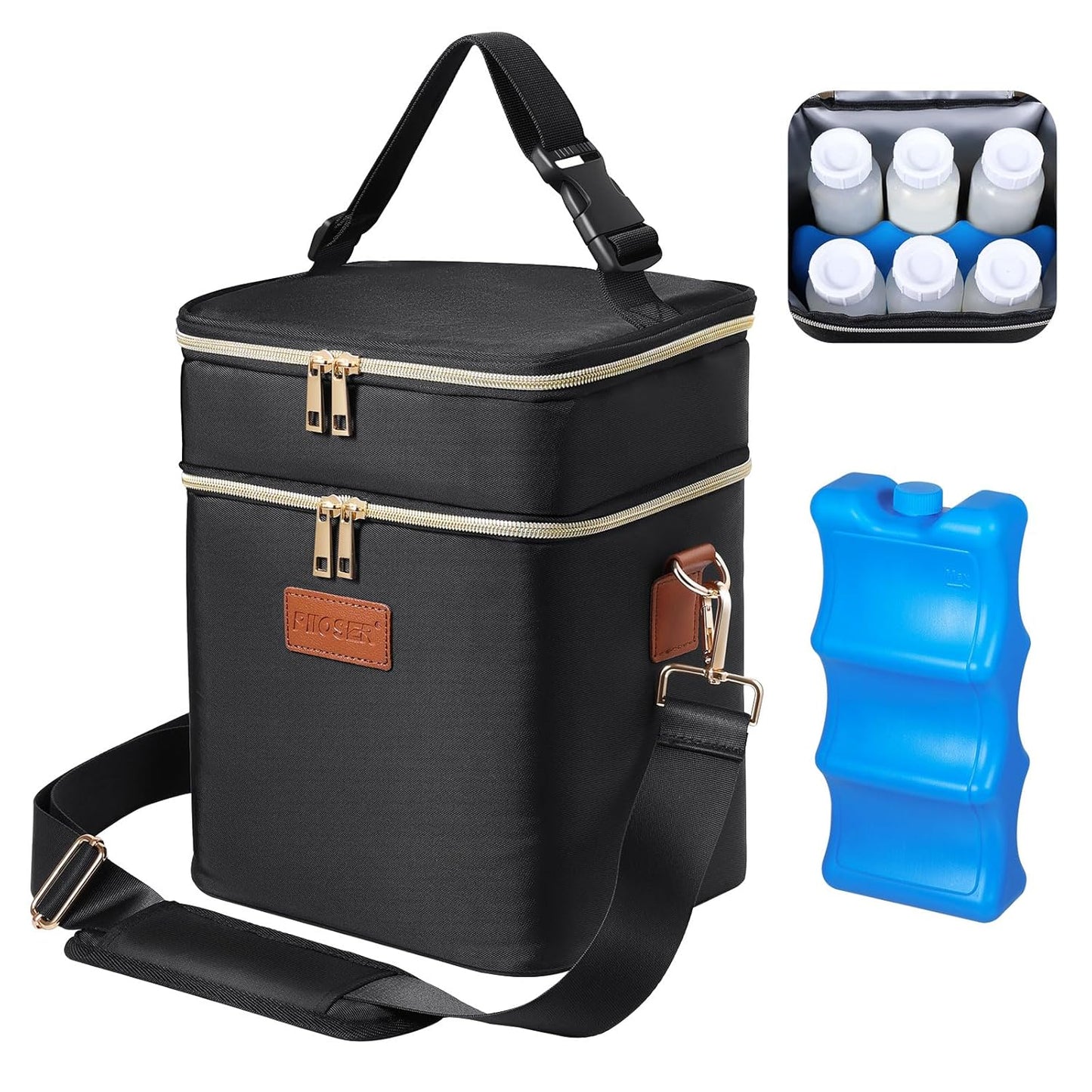 PIIOSER Breastmilk Cooler Bag with Ice Pack Fits 6 Baby Bottles Up to 9 Ounce, Insulated Baby Bottle Tote Bags, Double Layer Waterproof Leak-Proof with Shoulder Strap for Nursing & Working Mom (Grey)