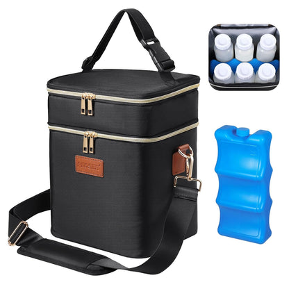 PIIOSER Breastmilk Cooler Bag with Ice Pack Fits 6 Baby Bottles Up to 9 Ounce, Insulated Baby Bottle Tote Bags, Double Layer Waterproof Leak-Proof with Shoulder Strap for Nursing & Working Mom (Grey)