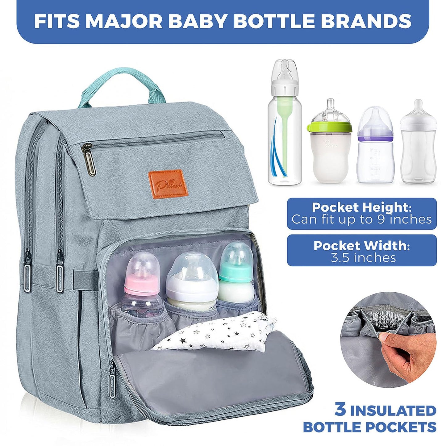 PILLANI Baby Diaper Bag Backpack - Large Waterproof Travel Diaper Bag for Boys & Girls, 16 Organizer Pockets with Changing Pad, Insulated Bottle Pockets & Stroller Straps, Baby Shower Gifts, Dinosaur