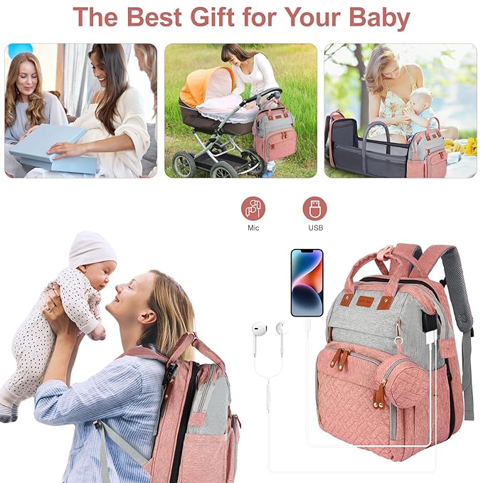Diaper Bag Backpack, Baby Diaper Bag, Multifunctional Large Capacity, with Diaper Changing Station, Travel Diaper Bag Backpack (Pinkish Gray)