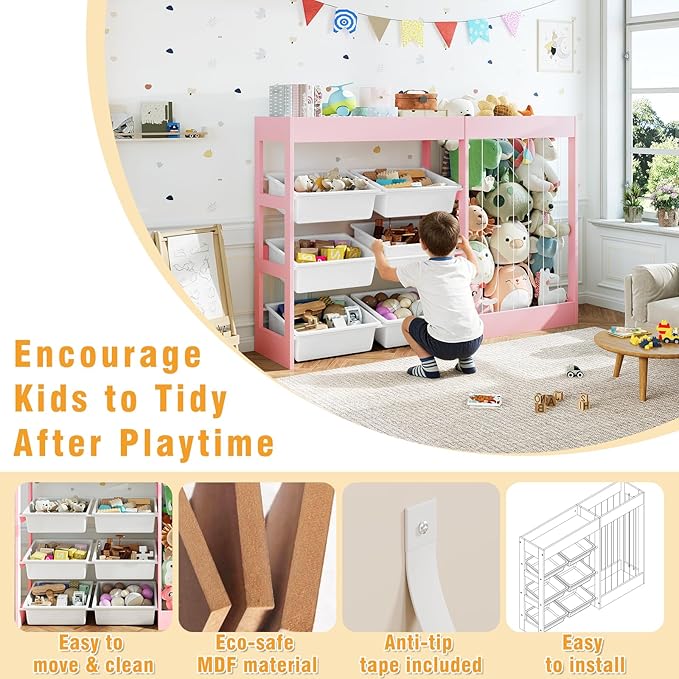 50.6" W Toy Organizers and Storage, 3-in-1 Kids Toy Storage Cabinet with Stuffed Animal Holder, 6 Plastic Removable Bins, Wooden Shelf for Girls Boys Playroom, Nursery, Kids Room(Pink)