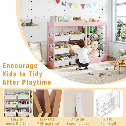 50.6" W Toy Organizers and Storage, 3-in-1 Kids Toy Storage Cabinet with Stuffed Animal Holder, 6 Plastic Removable Bins, Wooden Shelf for Girls Boys Playroom, Nursery, Kids Room(Pink)