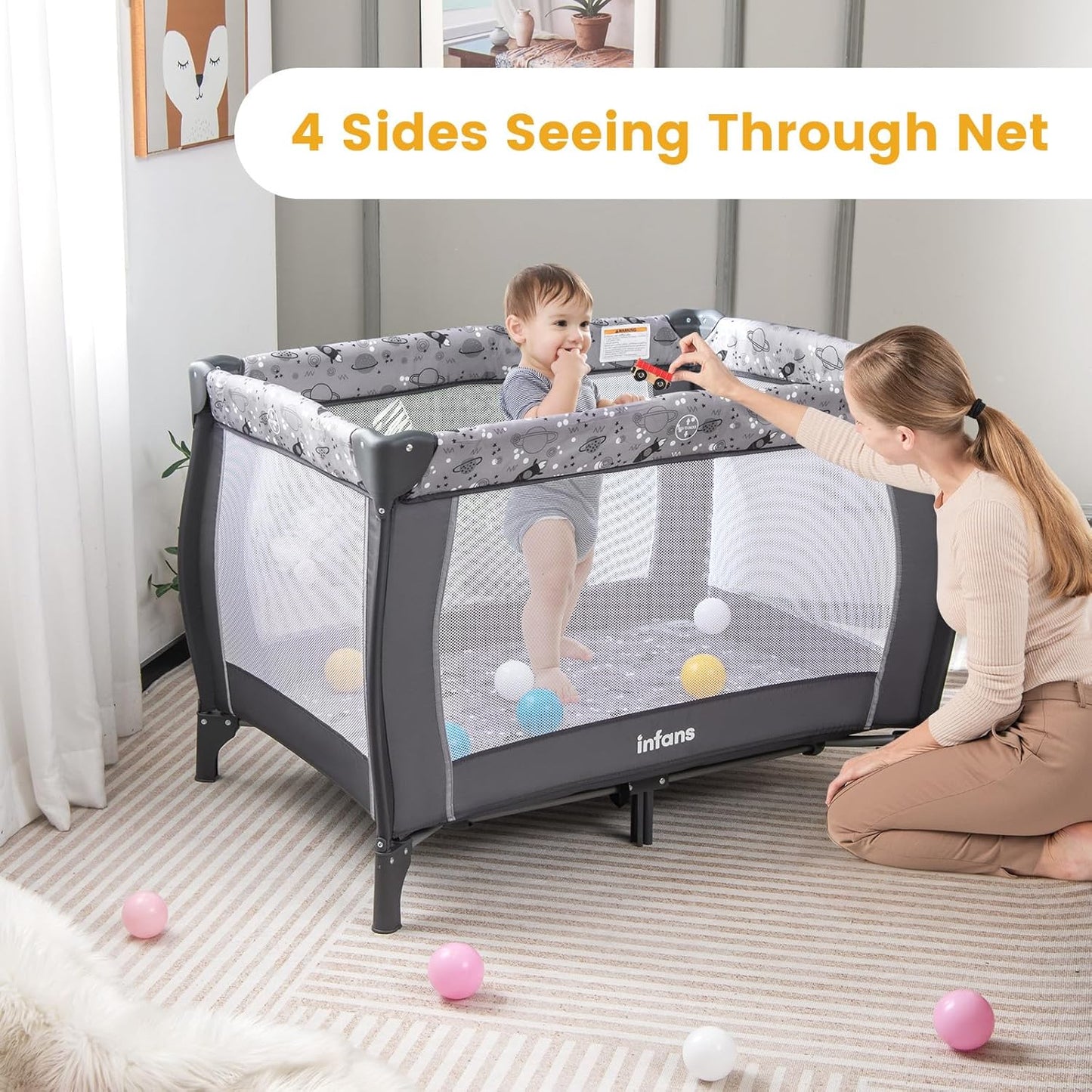 INFANS 4 in 1 Pack and Play, Portable Travel Baby Playard with Bassinet, Changing Table, Canopy, Mosquito Net, Hanging Toys, Music Box, Storage Bag, Large Playpen from Newborn to Toddlers (Pink)
