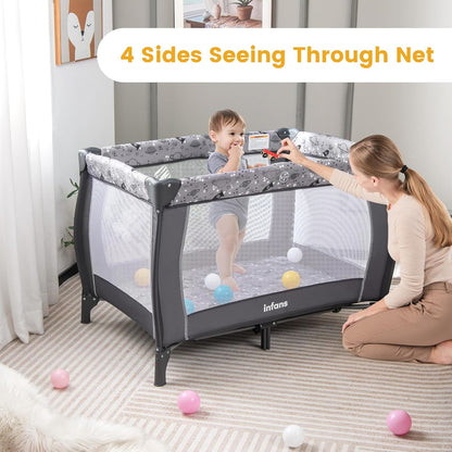 INFANS 4 in 1 Pack and Play, Portable Travel Baby Playard with Bassinet, Changing Table, Canopy, Mosquito Net, Hanging Toys, Music Box, Storage Bag, Large Playpen from Newborn to Toddlers (Pink)