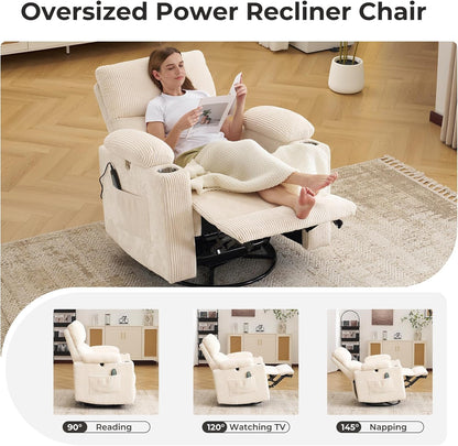 Rocking Chair Nursery with Adjustable Armrests, Electric Glider Recliner Nursing Chair for Breastfeeding, Power Swivel Recliner Chairs with Massage and Heat, Adjustable Headrest , FSC Certified, White