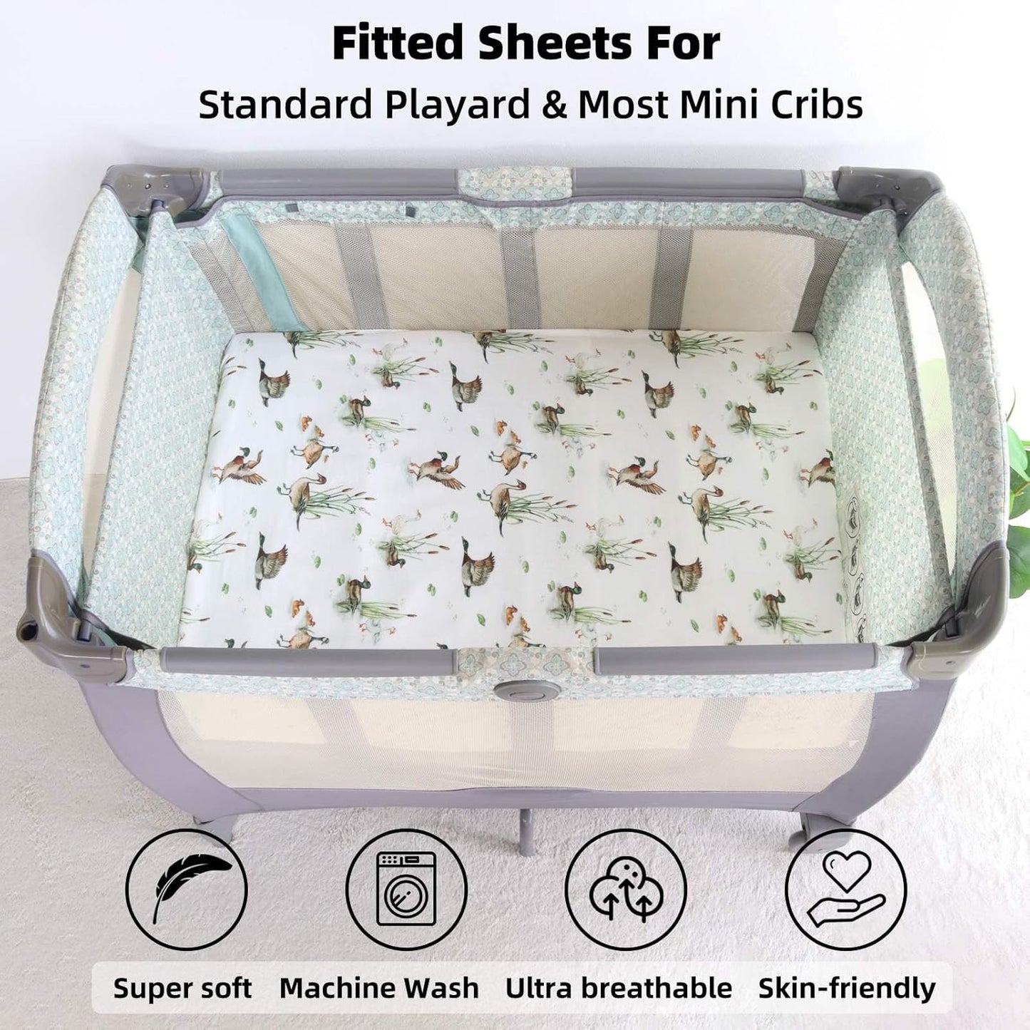 LifeTree Crib Sheets for Baby Unisex - Muslin Fitted Crib Sheets Toddler Bed Sheet, 70% Viscose from Bamboo and 30% Cotton, Fits Mini Crib & Pack and Play Playard, Bear, 26in x 38in