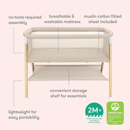 Newton Baby Bassinet & Bedside Sleeper with Mattress & Sheet - Ultra-Breathable & Completely Washable, Removable Dual-Layer Cover | Wood Frame | Adjustable Height & Infant Access Opening