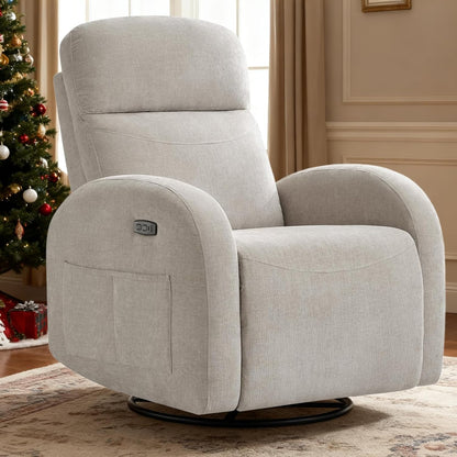 Swivel Rocker Recliner Chair, Rocking Recliner for Nursery with Side Pockets, Manual Swivel Reclining Nursery Glider Chair for Breastfeeding Living Room, Camel Chenille