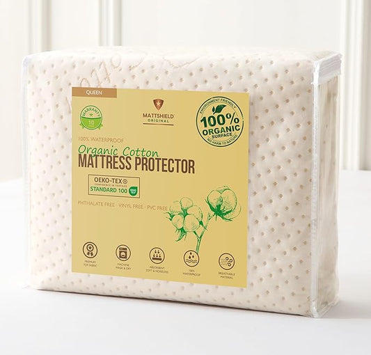 Luxury Waterproof Organic Mattress Protector Queen Size - Organic Cotton Breathable Mattress Pad Cover - Premium 380 GSM 3D Air Fabric - Deep Pocket - Jersey Cotton Skirt - Fitted Design