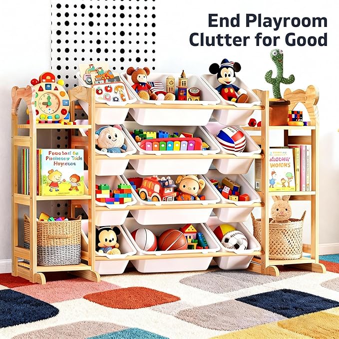 Toy Storage Organizer with 6 Shelves and 12 Bins, Toy Organizers and Storage Shelf with Bookshelf and Bookcase, Toys Box for Kids Room & Playroom & Bedroom & Nursery