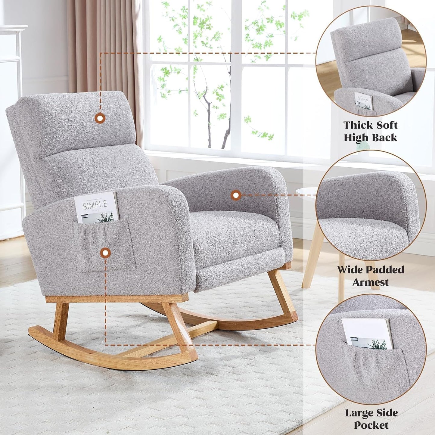 HCHAIRH Rocking Chair Nursery, Nursing Rocking Chairs with Foot Rest for Mom Nursery, Glider Rocker Chair with Footrest and High Backrest for Living Room, Bedroom, Beige