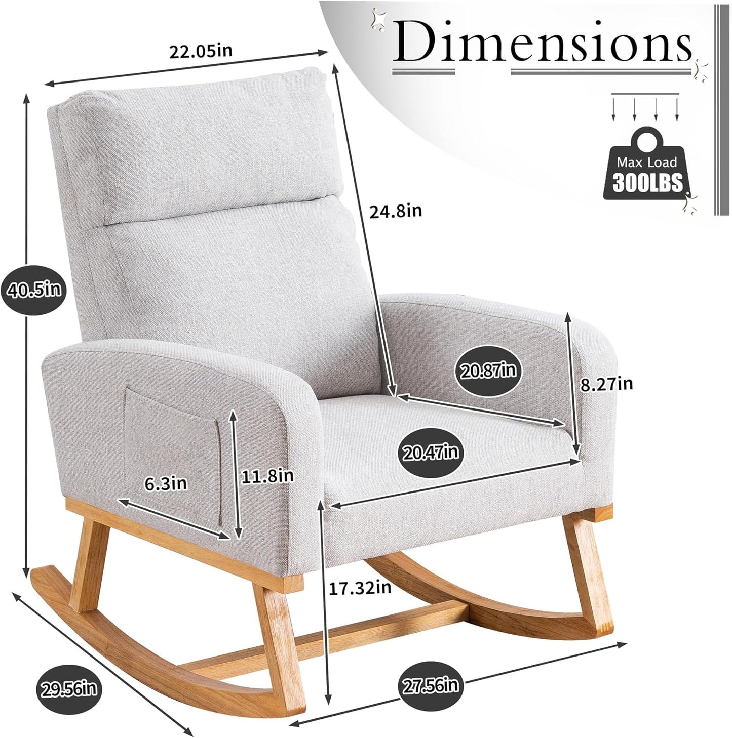 Rocking Chair Nursery, Upholstered Nursing Rocker Chair for Mom with High Backrest and Side Pockets for Bedroom Living Room, Beige