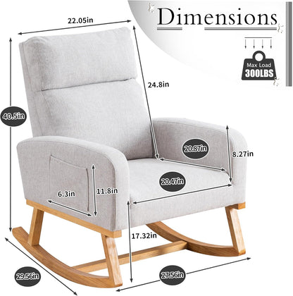 Rocking Chair Nursery, Upholstered Nursing Rocker Chair for Mom with High Backrest and Side Pockets for Bedroom Living Room, Beige
