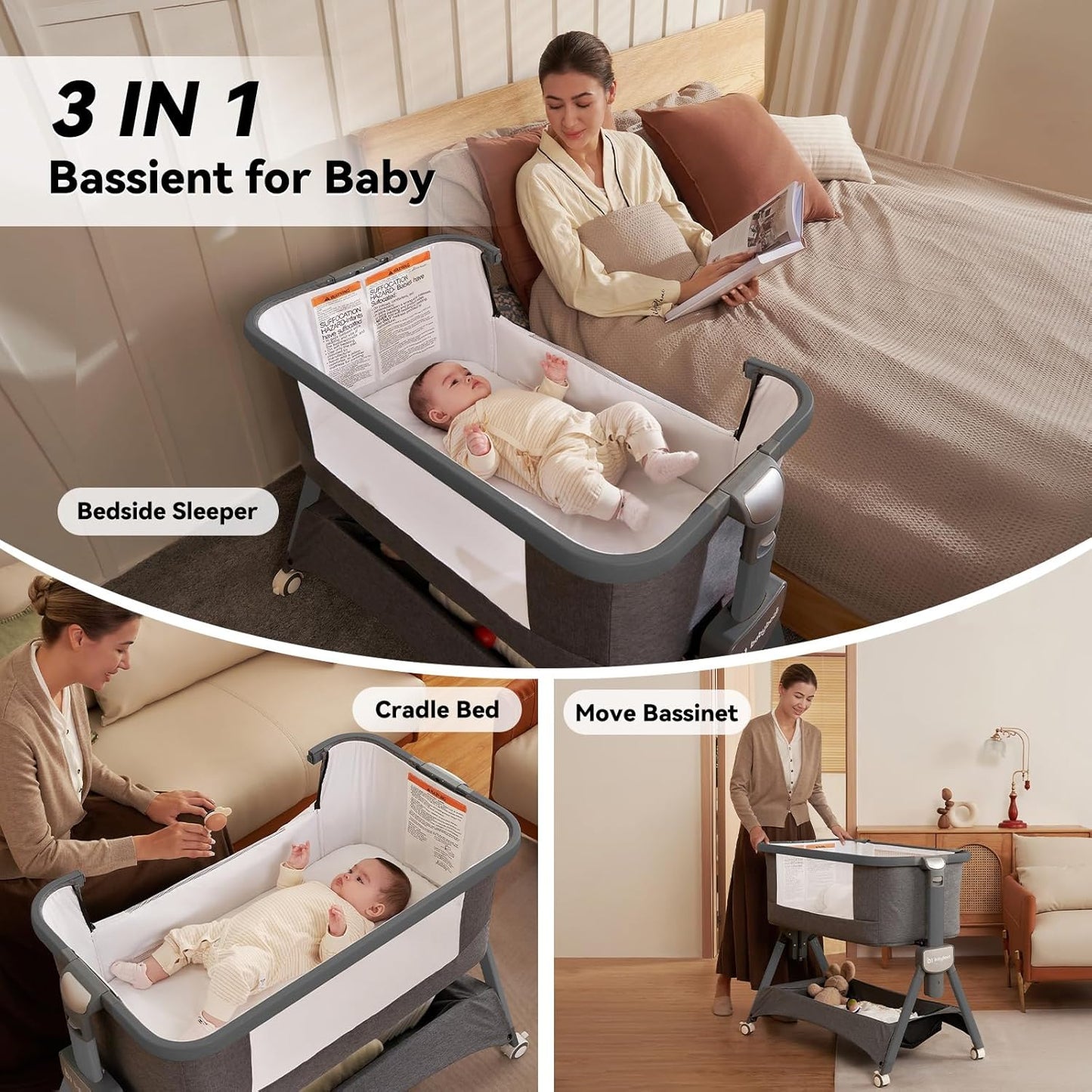 babyboat Baby Bassinet Bedside Sleeper 3 in 1 Collapsible Portable Crib with Storage Basket, Movable Wheels 5 Height Adjustable Co-Sleeper for Newborns - Grey | Soft Mattress, Collapsible Portable