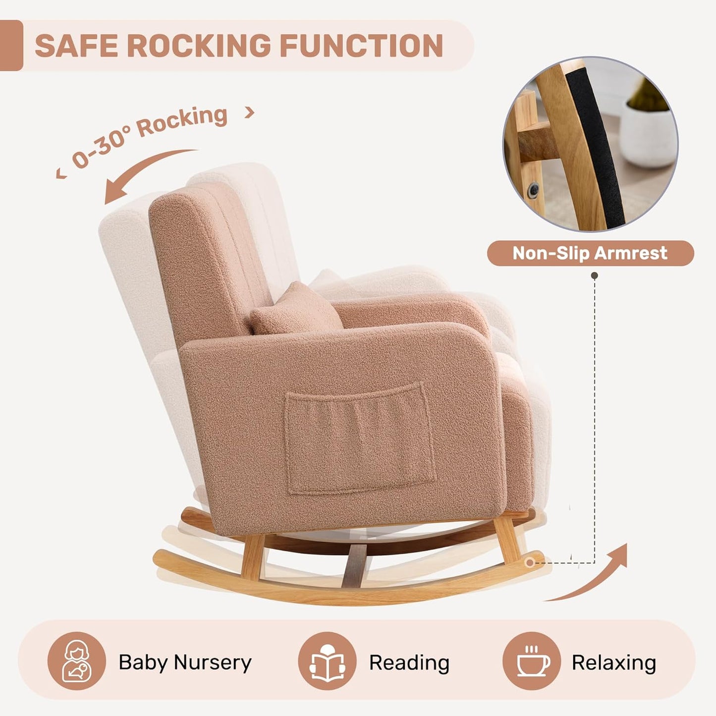 HCHAIRH Nursery Rocking Chair with Ottoman, Upholstered Glider Rocker with High Backrest Side Pocket, Rocking Accent Armchair with Solid Wood Legs for Nursery, Living Room, Bedroom, Light Grey