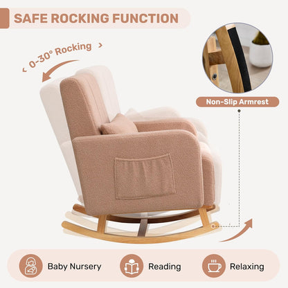 HCHAIRH Nursery Rocking Chair with Ottoman, Upholstered Glider Rocker with High Backrest Side Pocket, Rocking Accent Armchair with Solid Wood Legs for Nursery, Living Room, Bedroom, Light Grey
