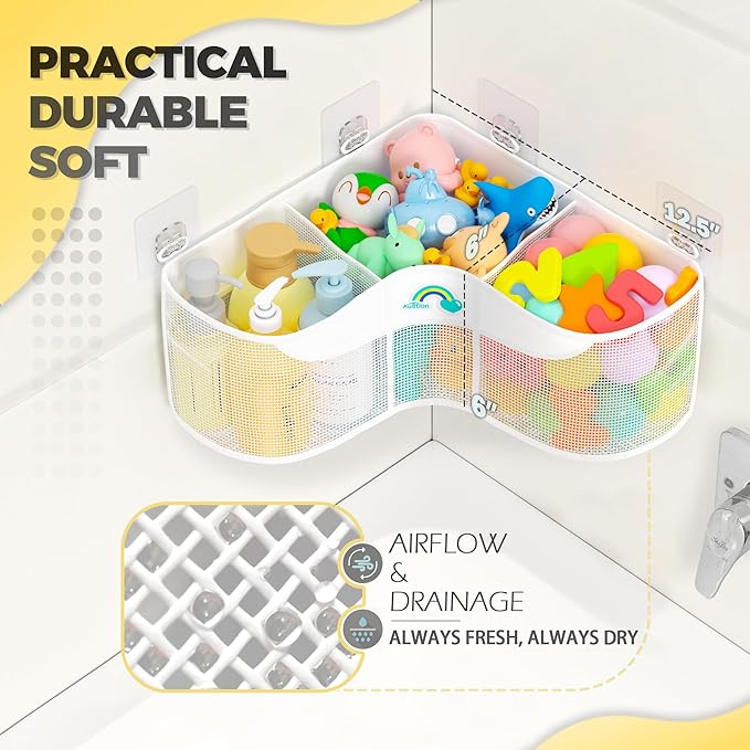 Austion 3-Compartment Corner Bath Toy Storage Organizer for Tub - Wide-Opening Mesh Kids Bath Toy Holder with Easy Sorting & Storage, Quick-Drying Machine-Washable Bathroom Organizer for Tidy Bathtub