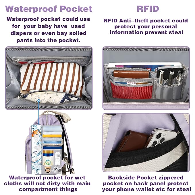 Jiefeike Diaper Bag Backpack,Purple Travel Backpack for Dad Mom Boys Girls,Insulated Pockets Portable Baby Nappy Bags RFID Anti-Theft Water-Resistant Pocket Stroller Straps