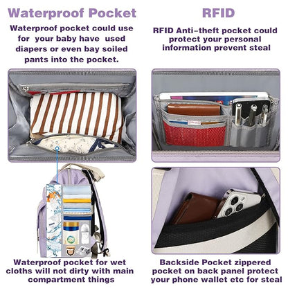 Jiefeike Diaper Bag Backpack,Purple Travel Backpack for Dad Mom Boys Girls,Insulated Pockets Portable Baby Nappy Bags RFID Anti-Theft Water-Resistant Pocket Stroller Straps