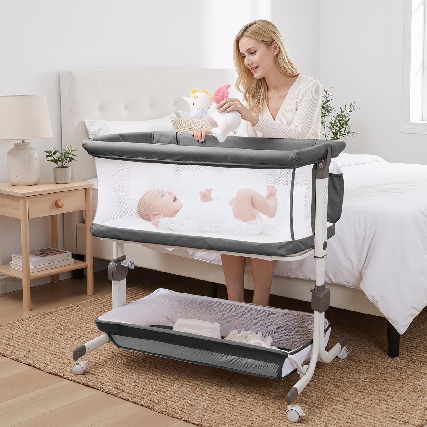 Baby Bassinet, Bedside Sleeper for Newborns Convertible Co-Sleeper Crib with Breathable Mesh, 6-Level Height Adjustment, Built-In Storage, Foldable Portable Bassinet for Home or Travel, Pink & Purple