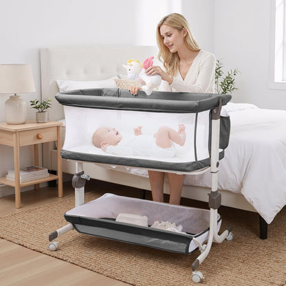 Baby Bassinet, Bedside Sleeper for Newborns Convertible Co-Sleeper Crib with Breathable Mesh, 6-Level Height Adjustment, Built-In Storage, Foldable Portable Bassinet for Home or Travel, Pink & Purple