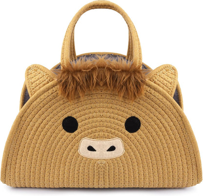 Highland Cute Cow Baby Diaper Caddy Organizer, Woven Cotton Rope Basket for Nursery, Portable Diaper Caddy Empty Gift Basket, Baby Wipes Shower Towels Storage Bins for Newborn Essentials