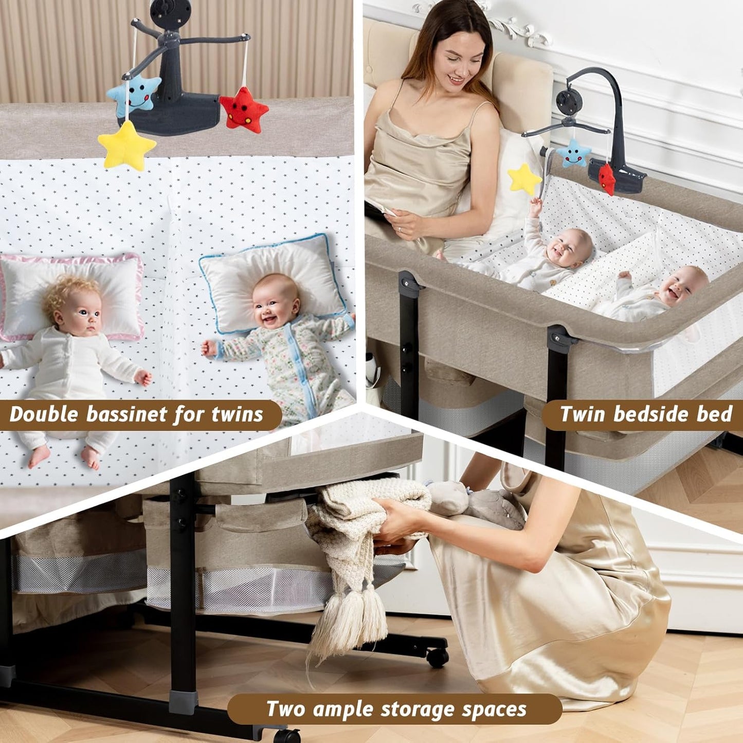 Twin Bassinet for 2 Babies, Double Bassinet for Twins with Music Toys, Mosquito Net & Storage Basket Portable Foldable Bedside Sleeper for Newborns, Grey | Side By Side Design, Independent Space, Small Space Fit, Safe Co Sleeping, Stable Frame
