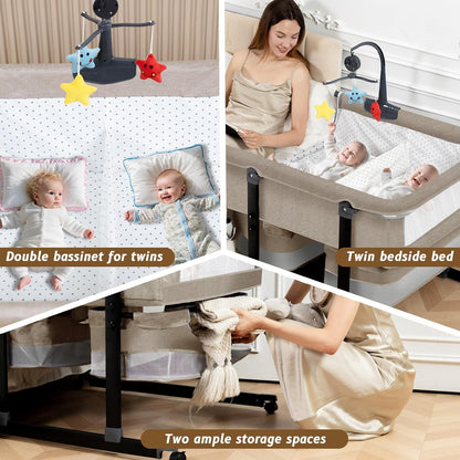 Twin Bassinet for 2 Babies, Double Bassinet for Twins with Music Toys, Mosquito Net & Storage Basket Portable Foldable Bedside Sleeper for Newborns, Grey | Side By Side Design, Independent Space, Small Space Fit, Safe Co Sleeping, Stable Frame