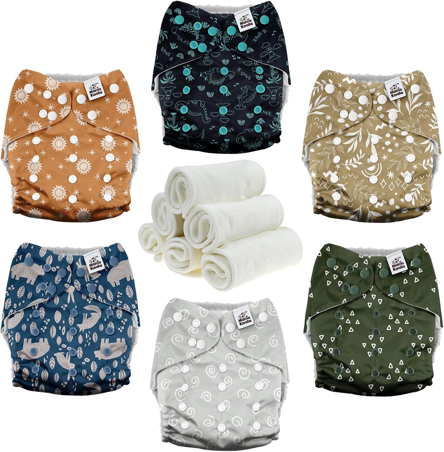 Mama Koala 3.0 Pocket Cloth Diapers for Babies with AWJ Lining, 6 Pack with 6 4-Layer Natural Cloth Diaper Inserts - Reusable and Washable Pocket Diapers(Hardworking Bees) - Colors B