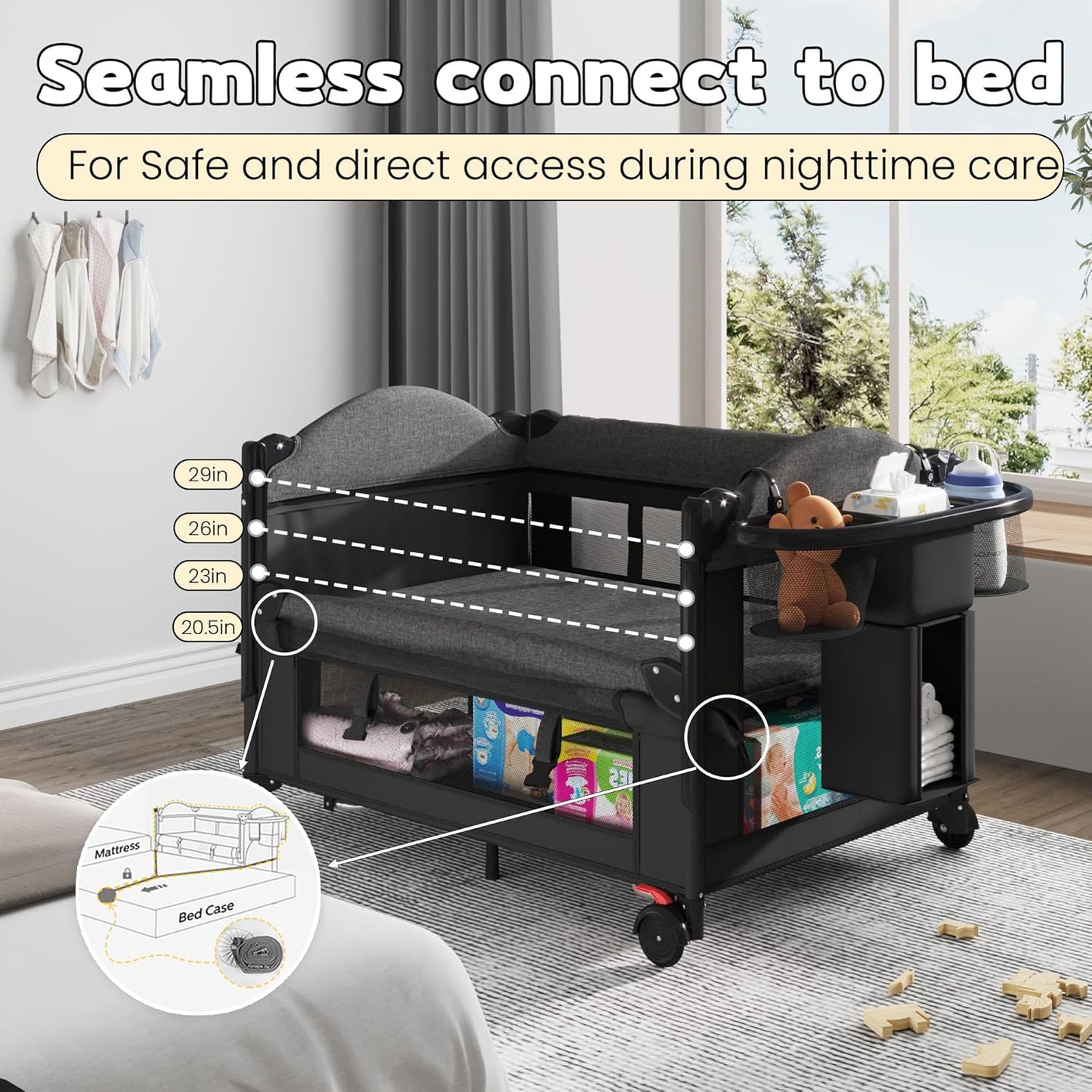 5-in-1 Baby Bassinet Bedside Sleeper with Swing Tube Converts to Cradle, Baby Crib with Mattress, Detachable Diaper Changer, Mosquito Net and Toy - Black
