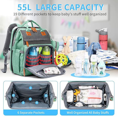 KABAQOO Diaper Bag Backpack with Detachable Changing Station, Large Capacity Baby Diaper Bags for Boys & Girls, Baby Registry Search Stuff & Shower Gifts, Newborn Essentials Must Haves, Green Grey