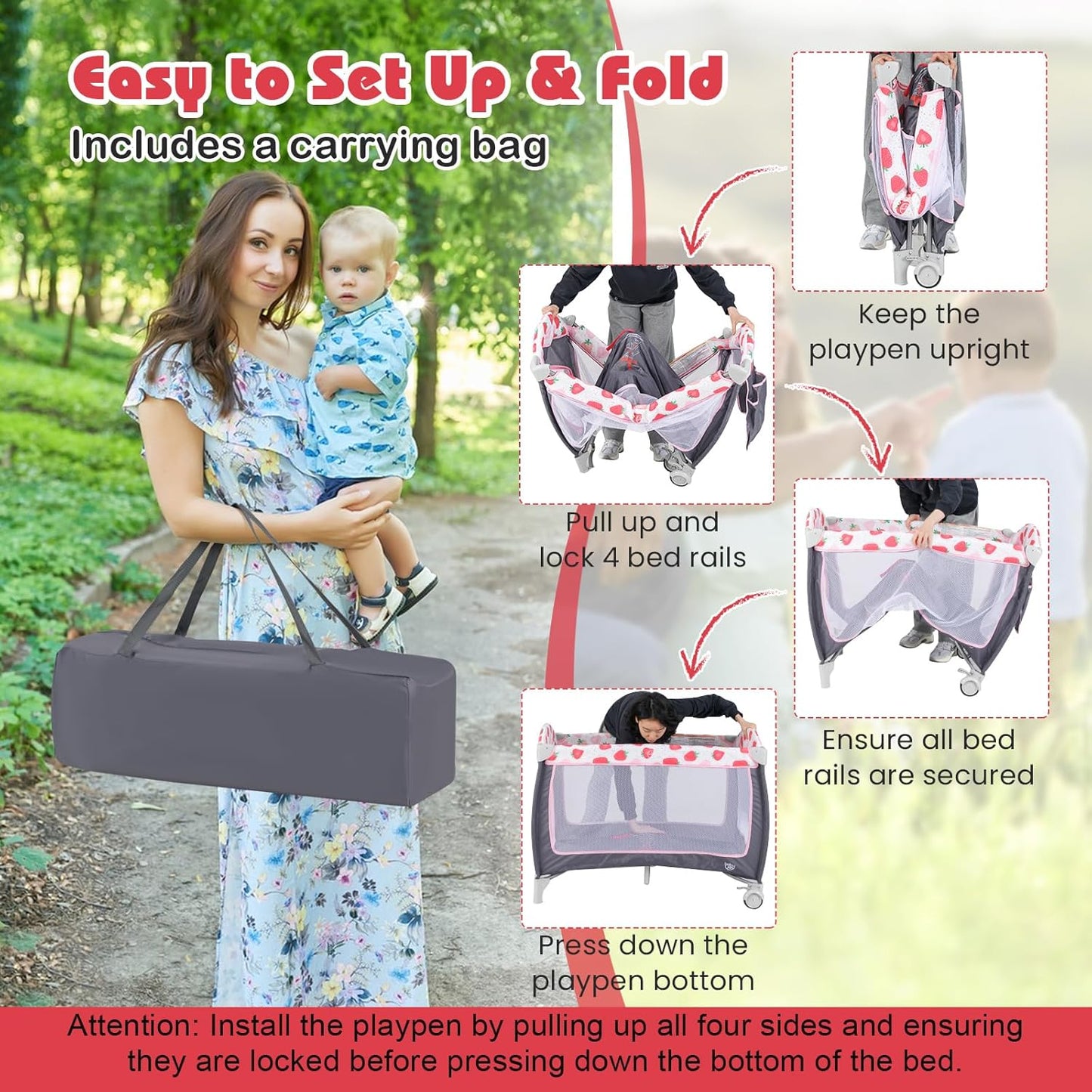 BABY JOY 4 in 1 Pack and Play, Portable Baby Playard with Bassinet, Side Zipper Door, Changing Table, Indoor Outdoor Travel Nursery Center w/Hanging Bar, Lockable Wheels, Carry Bag